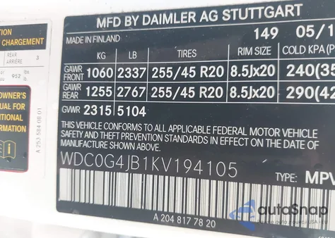 2019 Mercedes-Benz Glc 300 from USA, damaged, VIN WDC0G4JB1KV194105